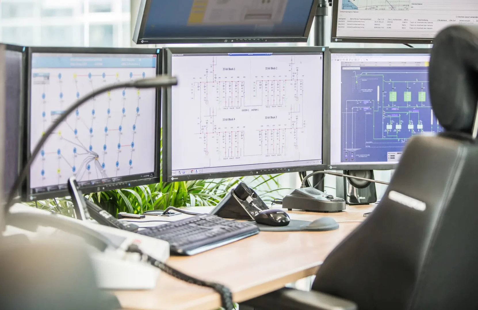 Innenaufnahme des Global Tech I Leitstands mit mehreren Bildschirmen. Die Monitore zeigen Stromflussdiagramme und Netzpläne zur Überwachung und Steuerung des Offshore-Windparks.